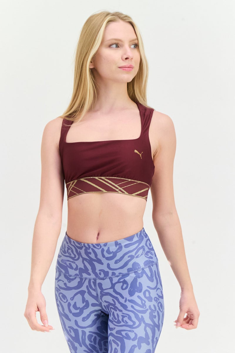 PUMA Women Brand Logo Lightly Padded Sport Bra, Burgundy - Image 1