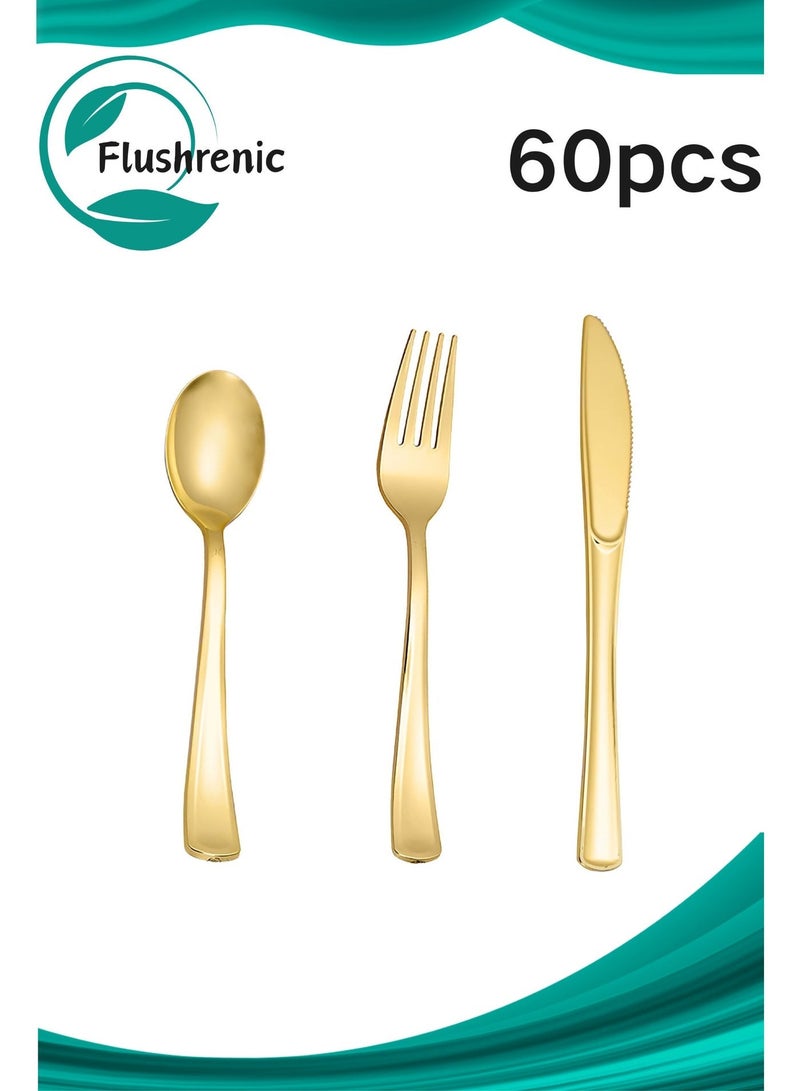 Flushrenic 60 piece set of gold plastic silverware disposable tableware -20 forks, knives, spoons - disposable tableware heavy-duty plastic tableware set, suitable for catering, parties, dinners, weddings - Image 1