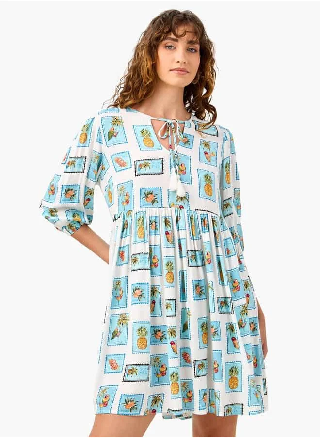 سبلاش فيڤ Printed Coverup Dress with Tie-Up Neck and 3/4 Sleeves
