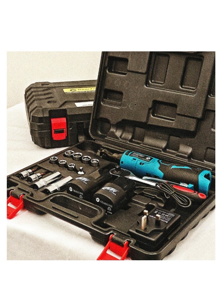 GearZone - Cordless Ratchet Wrench Kit（18pcs）, Power Ratchet with Variable Speed and LED Light, including two Lithium Batteries - Image 1