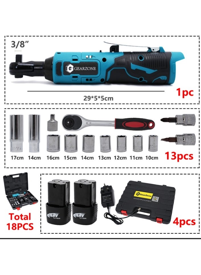 GearZone - Cordless Ratchet Wrench Kit（18pcs）, Power Ratchet with Variable Speed and LED Light, including two Lithium Batteries - Image 1