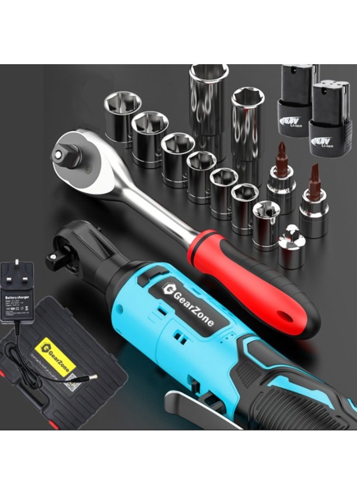 GearZone - Cordless Ratchet Wrench Kit（18pcs）, Power Ratchet with Variable Speed and LED Light, including two Lithium Batteries - Image 1