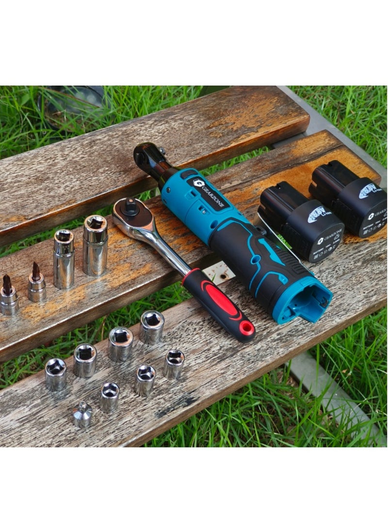 GearZone - Cordless Ratchet Wrench Kit（18pcs）, Power Ratchet with Variable Speed and LED Light, including two Lithium Batteries - Image 1