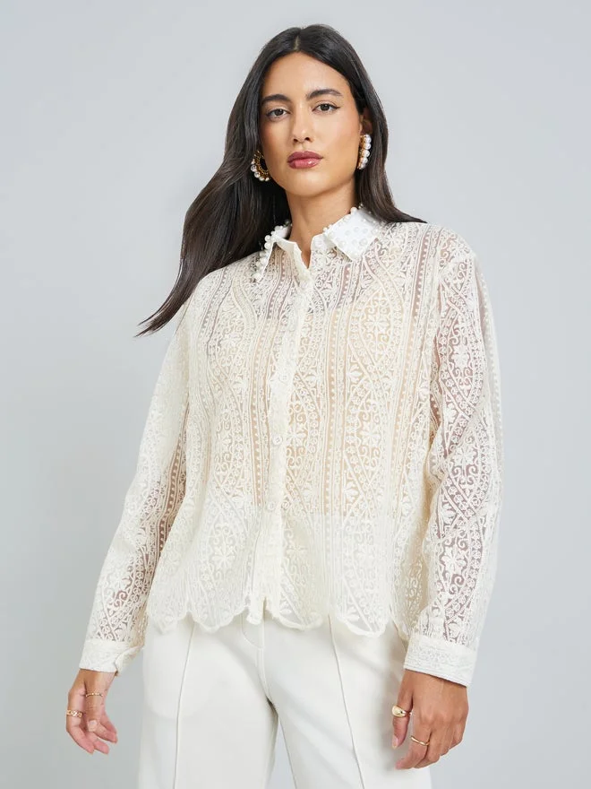 ستايلي Styli Beige Lace Long Sleeve Shirt
