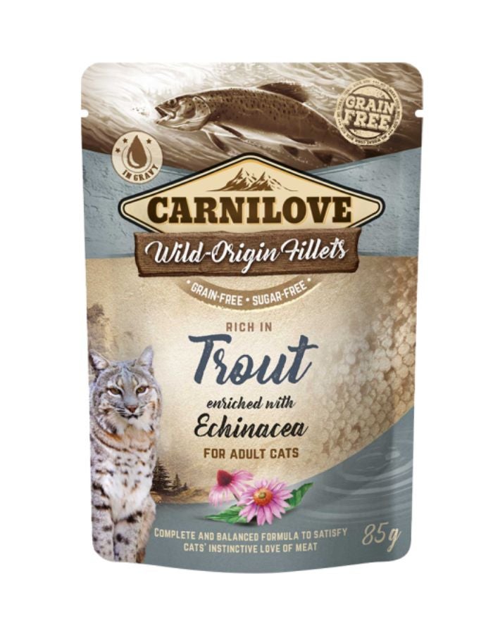 كارنيلوف أكياس طعام كارنيلوف الرطب بنكهة سمك السلمون المرقط والإشنسا للقطط البالغة 24 × 85 غرام - دعم المناعة، خالٍ من الحبوب