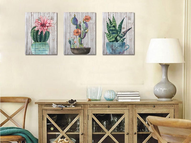 Arjun Cactus Canvas Wall Art Tropical Succulent Pictures Green Plants Painting, Woodgrain Prints, Pink Flowers Artwork Framed for Bathroom Living Room Kitchen Home Office Decor 12"x16"x3 Panels - Image 5