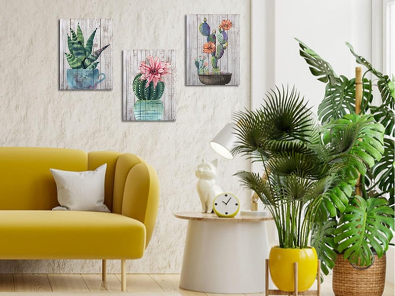 Arjun Cactus Canvas Wall Art Tropical Succulent Pictures Green Plants Painting, Woodgrain Prints, Pink Flowers Artwork Framed for Bathroom Living Room Kitchen Home Office Decor 12"x16"x3 Panels - Image 2