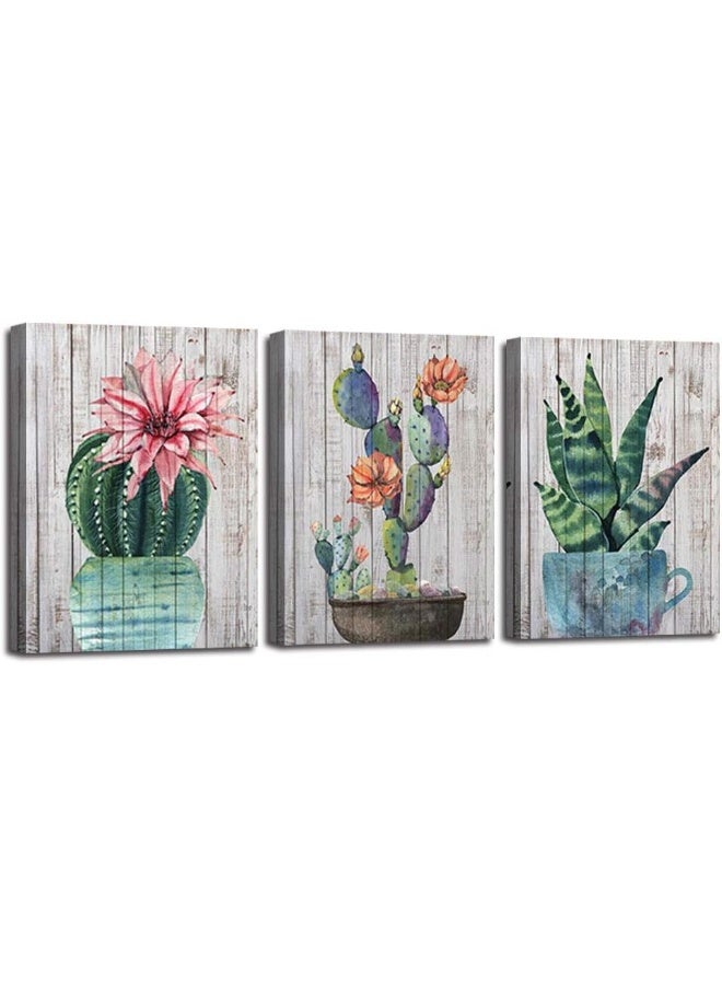 Arjun Cactus Canvas Wall Art Tropical Succulent Pictures Green Plants Painting, Woodgrain Prints, Pink Flowers Artwork Framed for Bathroom Living Room Kitchen Home Office Decor 12"x16"x3 Panels - Image 1