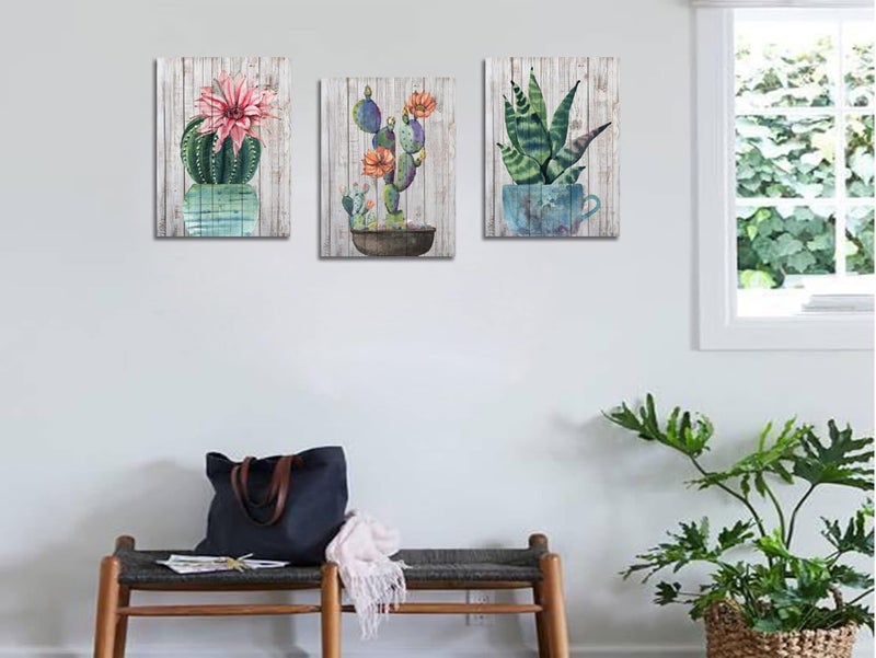 Arjun Cactus Canvas Wall Art Tropical Succulent Pictures Green Plants Painting, Woodgrain Prints, Pink Flowers Artwork Framed for Bathroom Living Room Kitchen Home Office Decor 12"x16"x3 Panels - Image 4