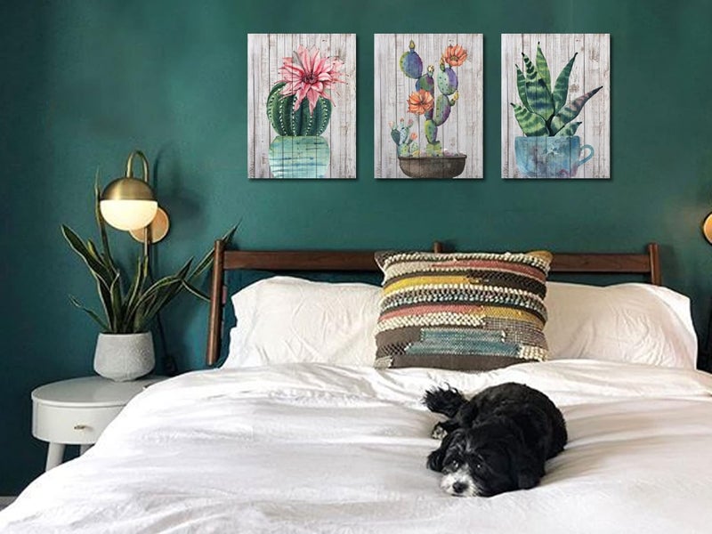 Arjun Cactus Canvas Wall Art Tropical Succulent Pictures Green Plants Painting, Woodgrain Prints, Pink Flowers Artwork Framed for Bathroom Living Room Kitchen Home Office Decor 12"x16"x3 Panels - Image 3