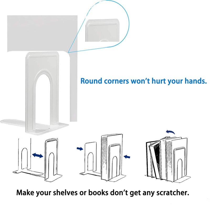 COLOGO Metal Bookends For Home Office  Book Shelf Holder Home Decorative  Book Ends For Heavy Books/Movies/Cds  White 6.5 X 5 X 5.7 In  4 Pair/ 8 Piece - Image 2