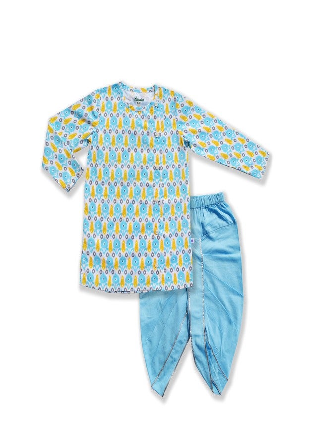 Pranava 100% Organic Cotton Ethnic Printed Kurta with Dhoti Matches to Print - White & Light Blue (Light Blue, 4-5Y) - Image 1