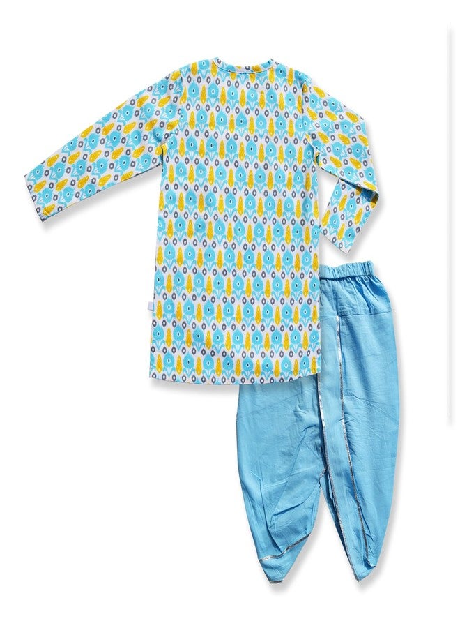 Pranava 100% Organic Cotton Ethnic Printed Kurta with Dhoti Matches to Print - White & Light Blue (Light Blue, 4-5Y) - Image 2