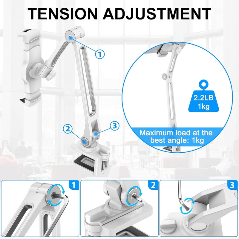 AboveTEK iPad Desk Mount, Multi-Angle Adjustable iPad Clamp Holder, 360° Swivel Arm Aluminum Tablet Stand, Fits 4"-11" Tablet/Phone/iPad Mini for Home Office Kitchen Bedside (White) - Image 2