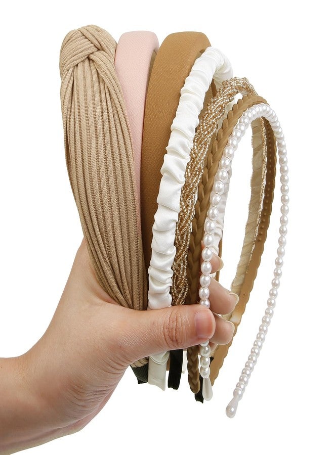 AIBFRID 7 PCS Fashion Headbands for Women Floral Vintage Wide Headband Cute Pearl Head Band Twisted Brown Hair Bands for Girls Hair Non Slip Hair Accessories (Brown) - Image 5