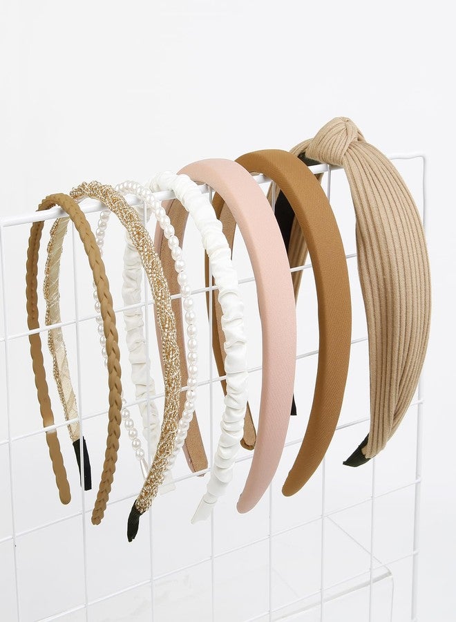 AIBFRID 7 PCS Fashion Headbands for Women Floral Vintage Wide Headband Cute Pearl Head Band Twisted Brown Hair Bands for Girls Hair Non Slip Hair Accessories (Brown) - Image 1