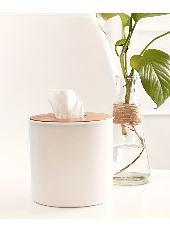 White Round Bamboo Tissue Box Holder Modern Minimalist Design Multi Use Storage - Image 5