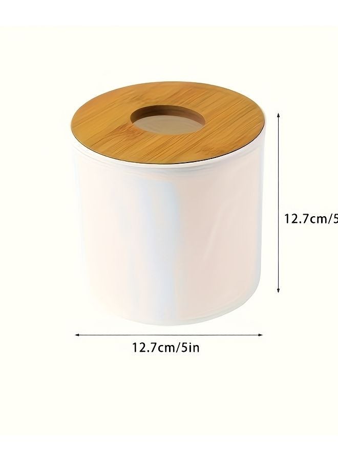 White Round Bamboo Tissue Box Holder Modern Minimalist Design Multi Use Storage - Image 1