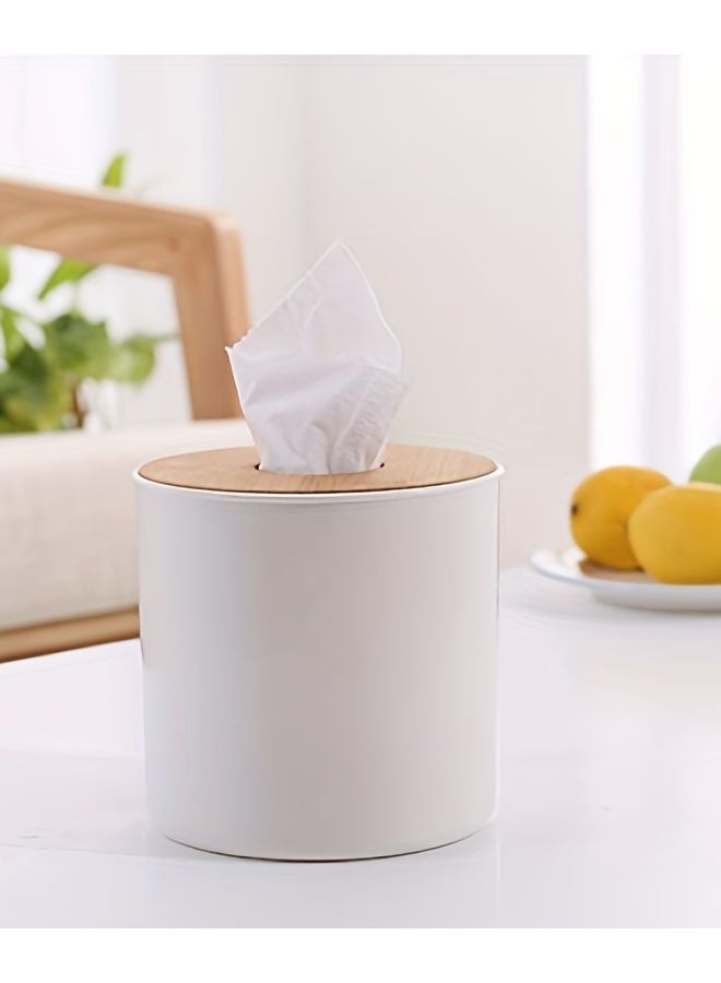 White Round Bamboo Tissue Box Holder Modern Minimalist Design Multi Use Storage - Image 3