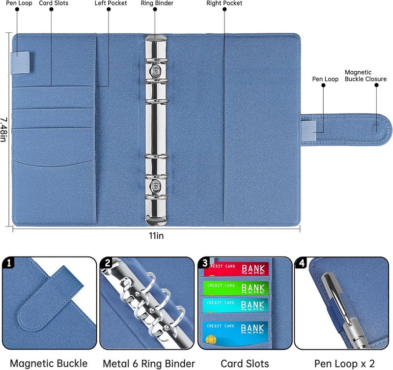 Antner A6 Notebook Binder Refillable 6 Ring Budget Binder Cover for A6 Refill Paper, PU Leather Budget Planner Organizer with Magnetic Buckle, Loose Leaf Personal Planner, Glitter Blue - Image 2