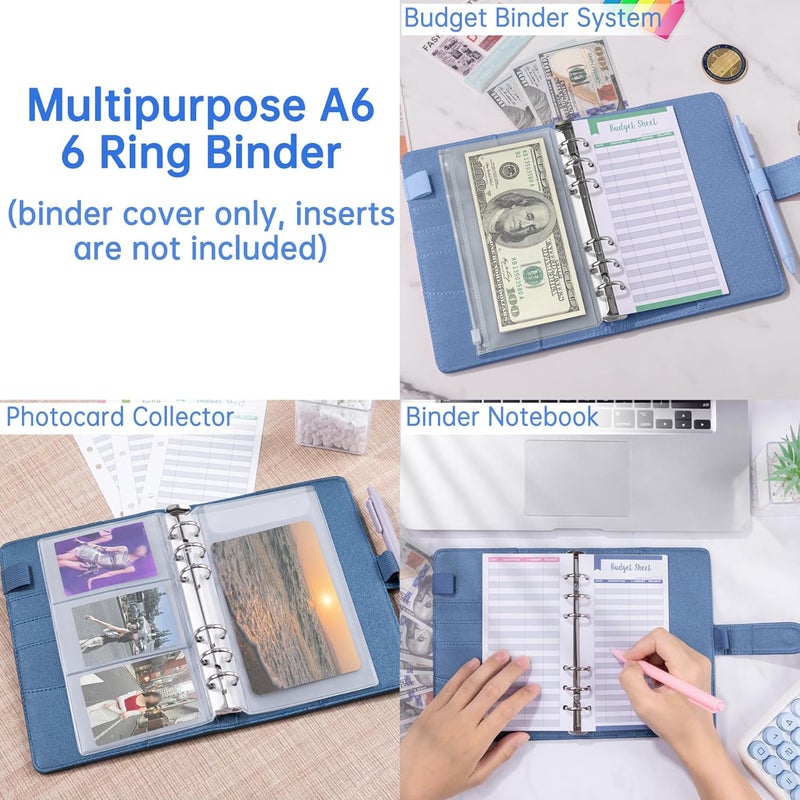 Antner A6 Notebook Binder Refillable 6 Ring Budget Binder Cover for A6 Refill Paper, PU Leather Budget Planner Organizer with Magnetic Buckle, Loose Leaf Personal Planner, Glitter Blue - Image 4