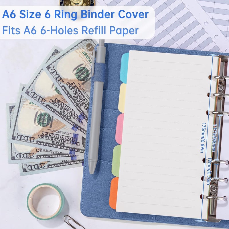 Antner A6 Notebook Binder Refillable 6 Ring Budget Binder Cover for A6 Refill Paper, PU Leather Budget Planner Organizer with Magnetic Buckle, Loose Leaf Personal Planner, Glitter Blue - Image 3