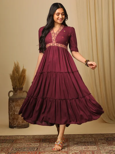 globus Women Embroidered Puff Sleeve Tiered Fit & Flare Maxi Ethnic Dress