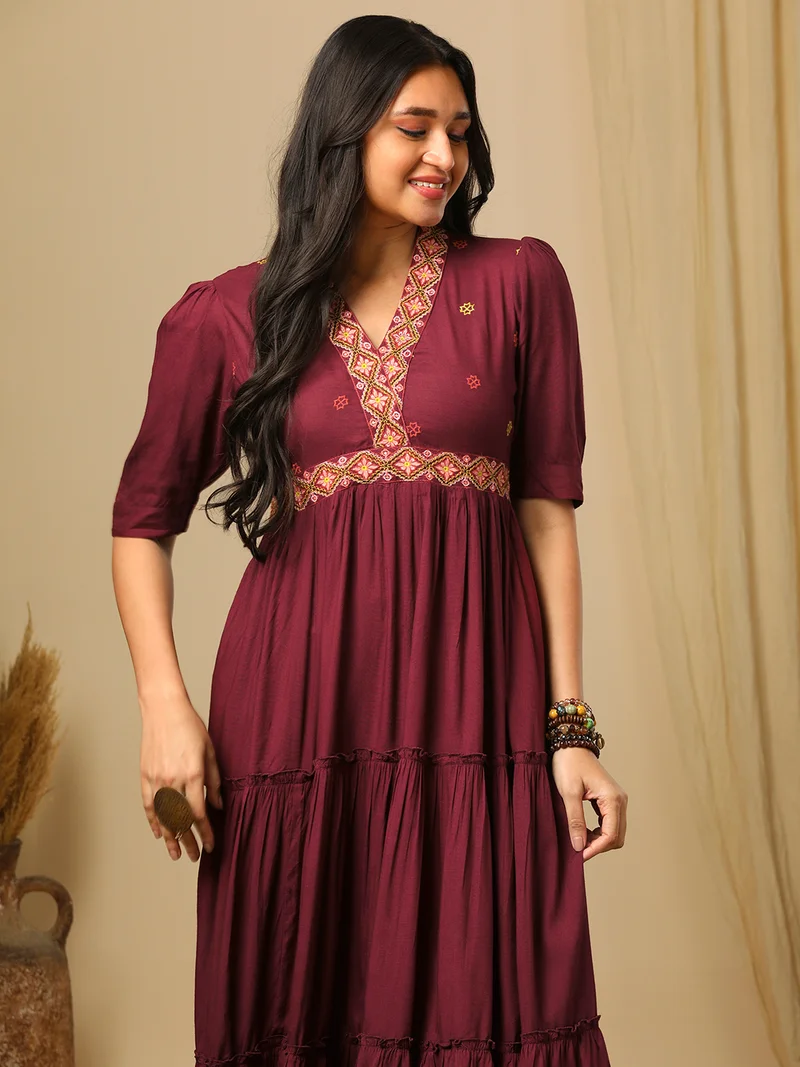 globus Women Embroidered Puff Sleeve Tiered Fit & Flare Maxi Ethnic Dress