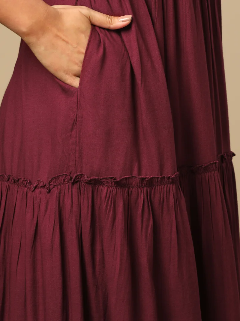 globus Women Embroidered Puff Sleeve Tiered Fit & Flare Maxi Ethnic Dress