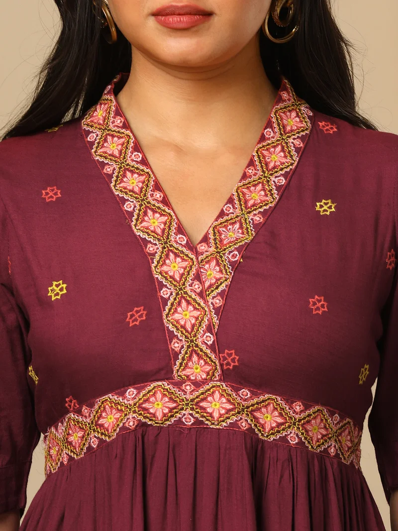 globus Women Embroidered Puff Sleeve Tiered Fit & Flare Maxi Ethnic Dress