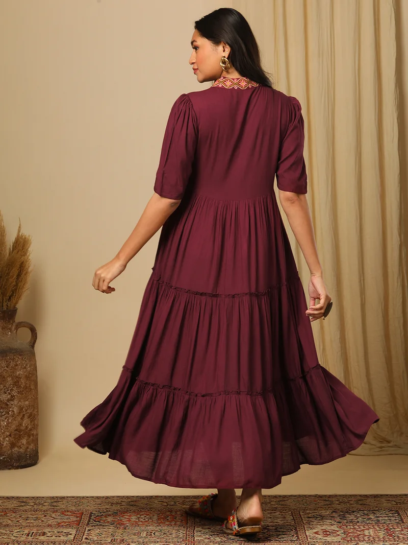 globus Women Embroidered Puff Sleeve Tiered Fit & Flare Maxi Ethnic Dress