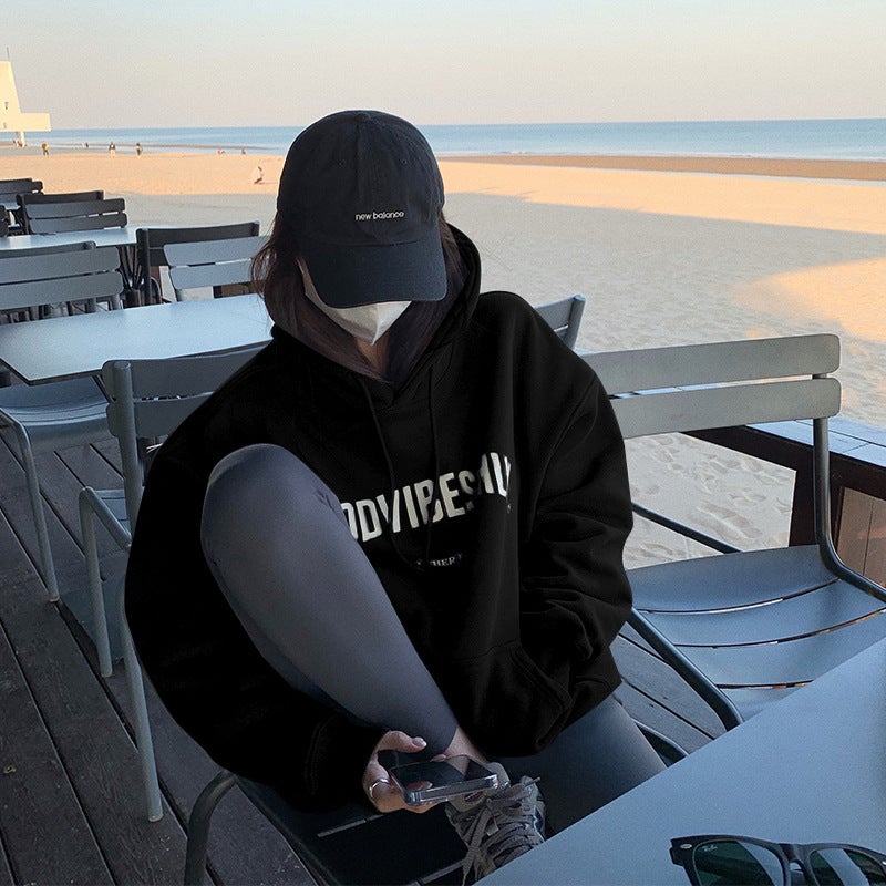 fleece-lined Hooded Sweatshirt Womens Autumn and Winter New Loose Letter Printing Korean Style Fashion Students Coat Long Sleeve Top Trendy 02 black - Image 1