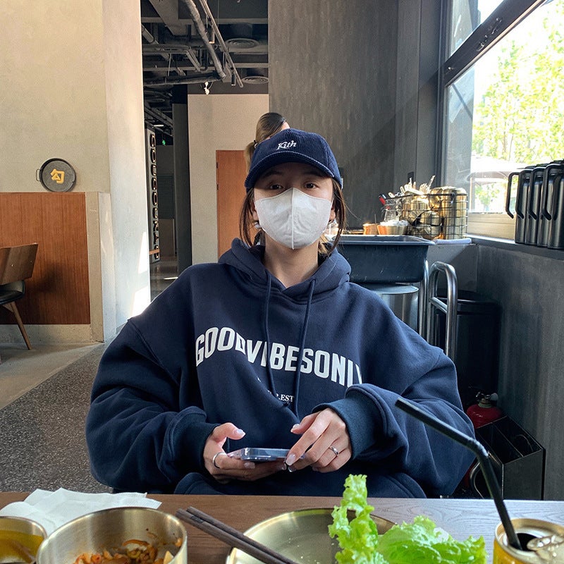 fleece-lined Hooded Sweatshirt Womens Autumn and Winter New Loose Letter Printing Korean Style Fashion Students Coat Long Sleeve Top Trendy 02 black - Image 5