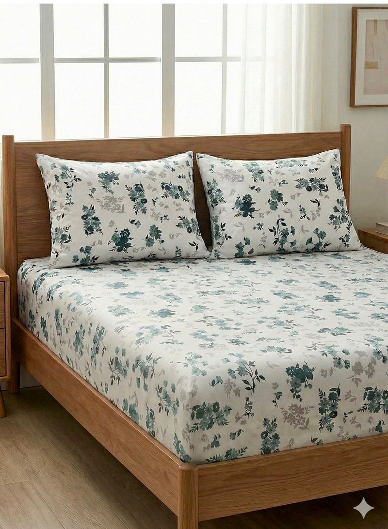 Yarlin-Bed Set (Fitted Bedsheet for 200 cm beds and 2 Small Pillowcases (Green Flora) Design