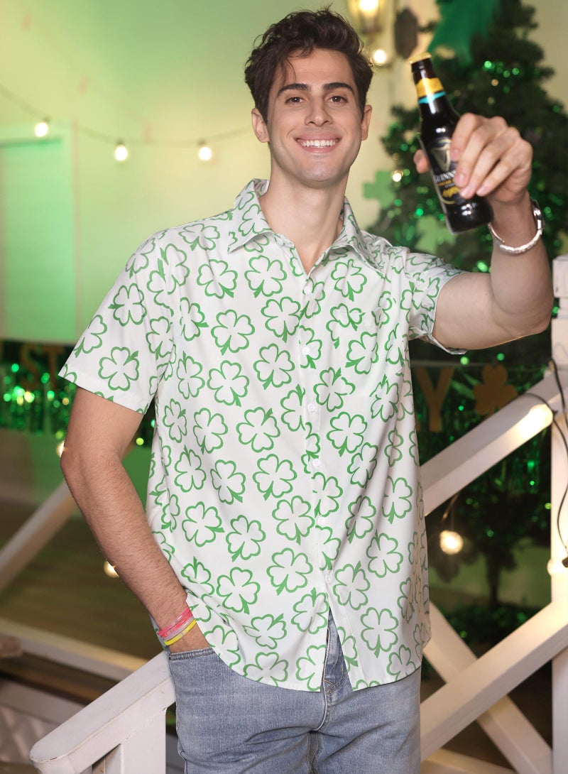Arvilhill Men Saint Pattys Bowling Shirt Classic Shamrock Button Up Shirt Irish Three Leaf Clover Green Button Shirt L - Image 2