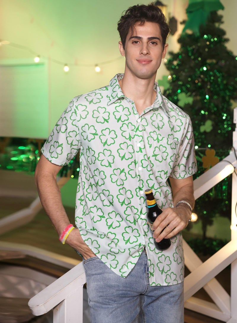 Arvilhill Men Saint Pattys Bowling Shirt Classic Shamrock Button Up Shirt Irish Three Leaf Clover Green Button Shirt L - Image 4