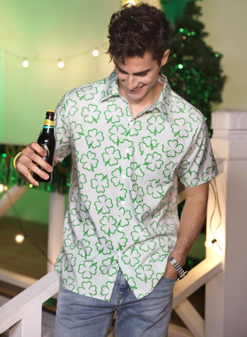 Arvilhill Men Saint Pattys Bowling Shirt Classic Shamrock Button Up Shirt Irish Three Leaf Clover Green Button Shirt L - Image 3