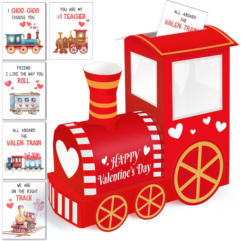 Gloween Valentines Day Boxes and Cards for Kids Classroom School Exchange, Great Valentines Gifts Party Favors for Boys Girls (1 Cute Train Box, 32 Valentine Cards, 1 Teacher Card) - Image 1