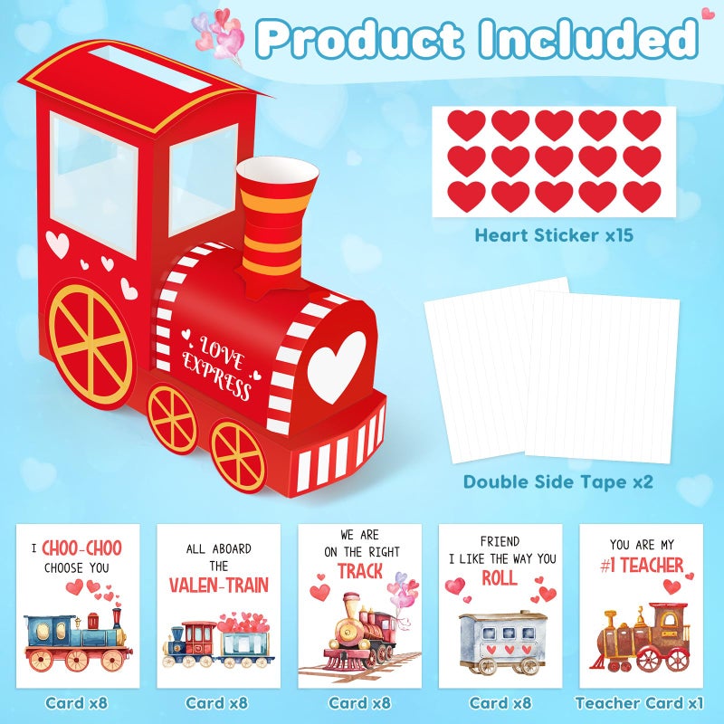 Gloween Valentines Day Boxes and Cards for Kids Classroom School Exchange, Great Valentines Gifts Party Favors for Boys Girls (1 Cute Train Box, 32 Valentine Cards, 1 Teacher Card) - Image 3