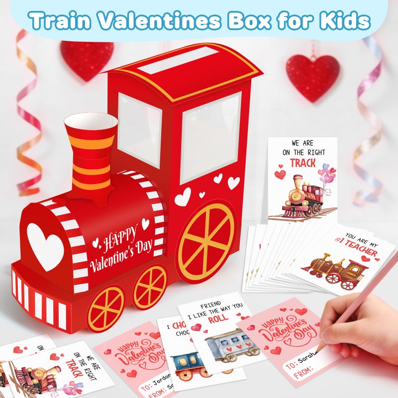 Gloween Valentines Day Boxes and Cards for Kids Classroom School Exchange, Great Valentines Gifts Party Favors for Boys Girls (1 Cute Train Box, 32 Valentine Cards, 1 Teacher Card) - Image 2