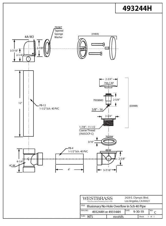 Westbrass A493244H-05 14" Sch. 40 PVC Bath Waste & Overflow Assembly with Illusionary Faceplate and Tip-Toe Drain Plug, Polished Nickel - Image 2