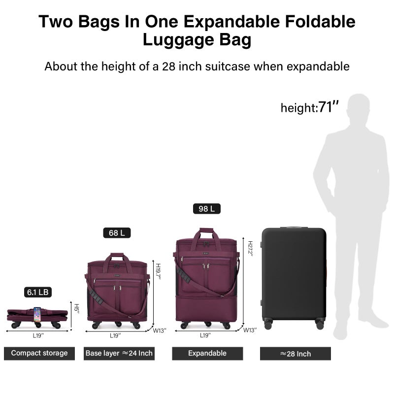 MILADA Expandable Luggage Bags for Travel Foldable Suitcase with Wheels Collapsible Rolling Travel Duffle Bag Lightweight Large Suitcases without Telescoping Handle, Purple - Image 2