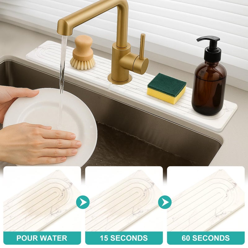 Deceram Drying Stone Faucet Mat for Kitchen Sink Trays Diatomite Quick Dry Around Faucet Mats Absorbent Drying Mat for Kitchen Counter Water Absorbing Stone Tray for Bathroom Sink Protector Splash Guard - Image 2