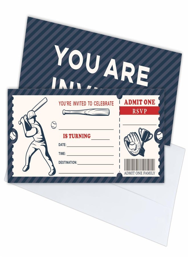 NYCTUG 20 Baseball Birthday Invitations With Envelopes, 3" X 8" Baseball Sport Theme Birthday Ticket Invitation, Double-Sided Fill In Invites For Boys Birthday, Birthday Party Celebration Supplies - E14 - Image 1
