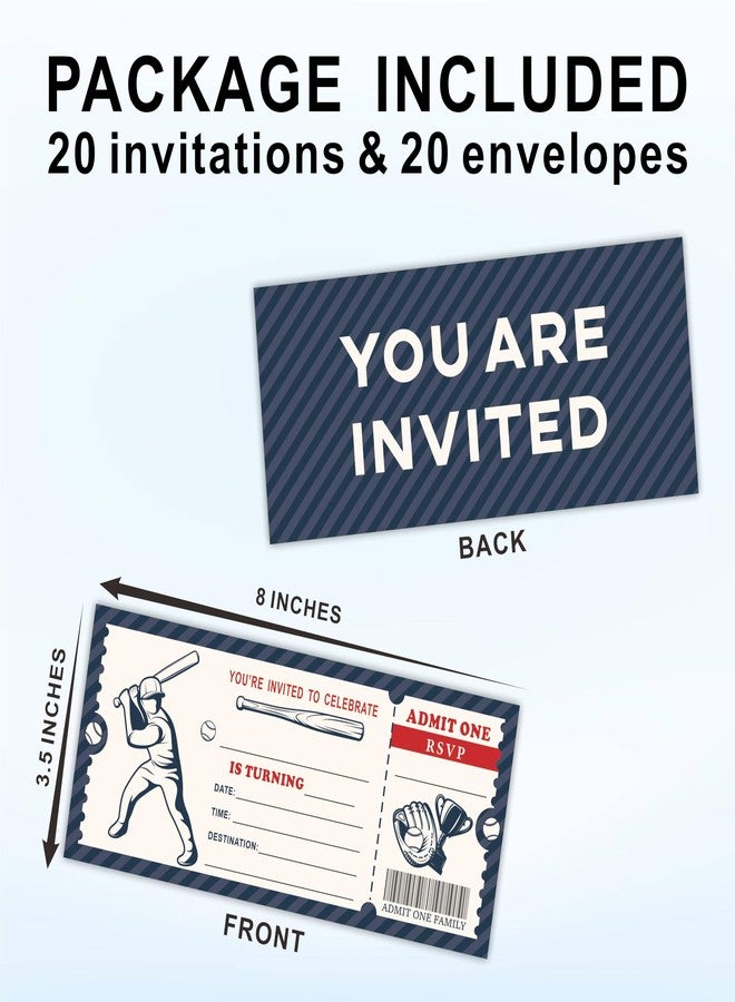 NYCTUG 20 Baseball Birthday Invitations With Envelopes, 3" X 8" Baseball Sport Theme Birthday Ticket Invitation, Double-Sided Fill In Invites For Boys Birthday, Birthday Party Celebration Supplies - E14 - Image 4