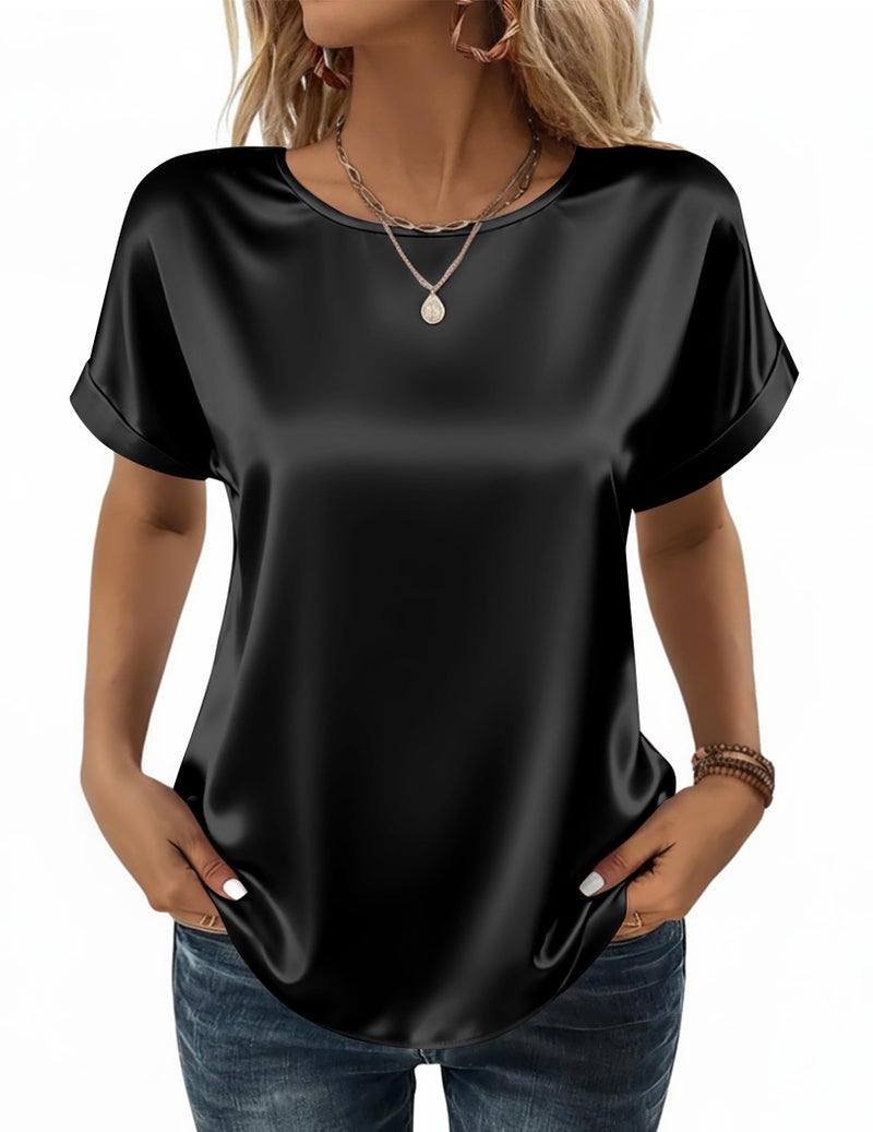 Zeagoo Business Casual Tops for Women Short Sleeve Summer Outfit Crewneck Silk Dress Shirts Satin Blouse Basic Work Shirts Black - Image 1