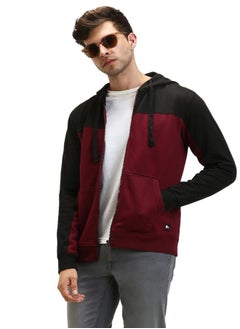 Regular Fit Maroon Colourblocked Hooded Sweatshirt for Men - Polycotton, Full Sleeves