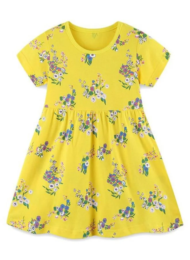 YUNIQEE Yellow A-Line Crew Neck Printed Dress