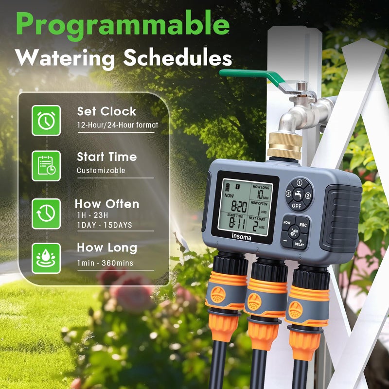 Insoma Water Timer With Brass Inlet  3 Independent Zones Outdoor Hose Timer For Garden Faucet With Auto/Manual/Rain Delay Mode  Ipx5 Waterproof  Sprinkler Irrigation Controller For Yard Lawn - Image 3