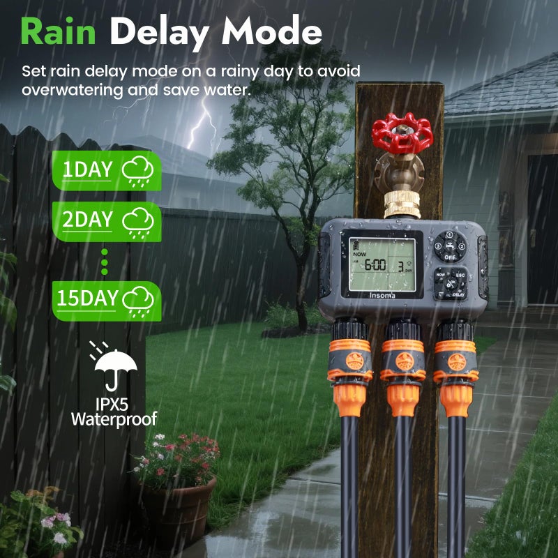 Insoma Water Timer With Brass Inlet  3 Independent Zones Outdoor Hose Timer For Garden Faucet With Auto/Manual/Rain Delay Mode  Ipx5 Waterproof  Sprinkler Irrigation Controller For Yard Lawn - Image 5